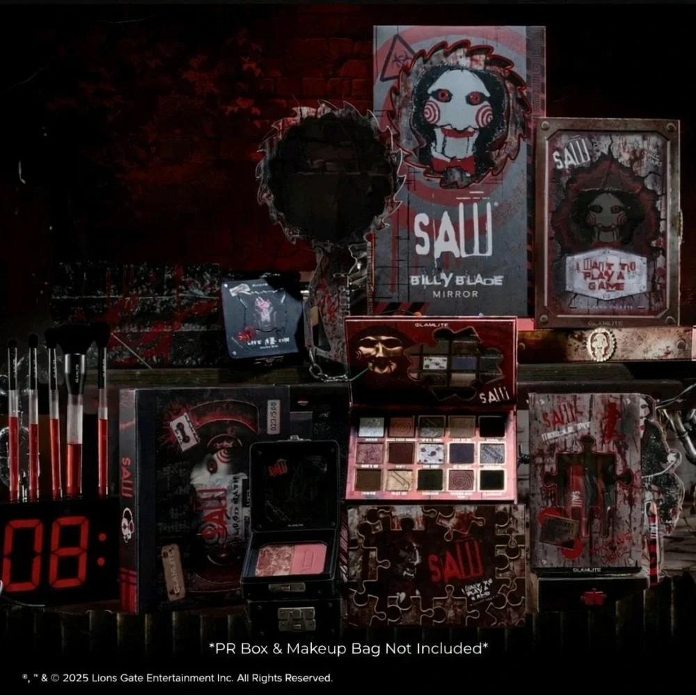 Full Set Glamlite X Saw Eyeshadow Mirror Brushes Highlighter Lip Set Horror Saw